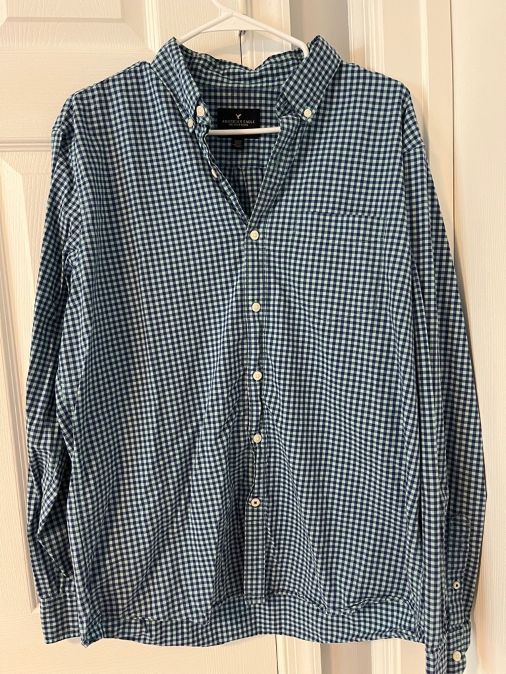 American Eagle Outfitters Navy and White Gingham Button-Down Shirt - Men